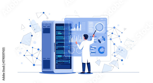 Data Scientist Analyzing Server Data with Charts and Diagrams for Insights Visualization