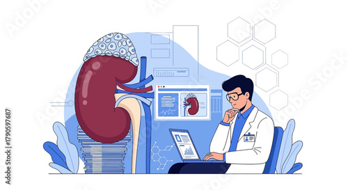Doctor analyzing kidney with adrenal gland and medical data for diagnosis and treatment