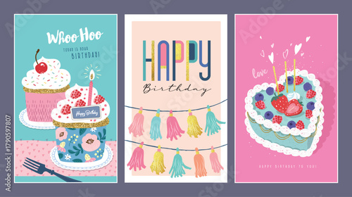 Set of lovely birthday cards design with cakes, party decorations and typography design.
