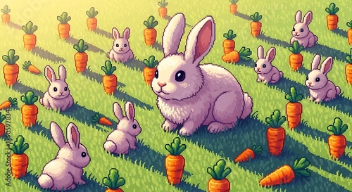 Charming Pixel Art Scene with Cute Rabbits and Carrots in a Sunny Green Field.