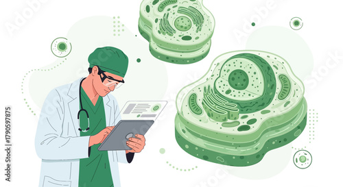 Doctor examines cell structure using digital tablet enhancing medical understanding and precision