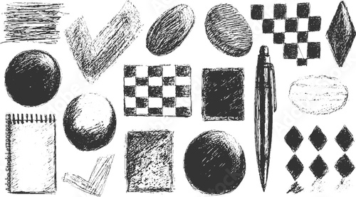 Collection of hand drawn sketch elements including circles squares checkerboards pen and notebook drawing