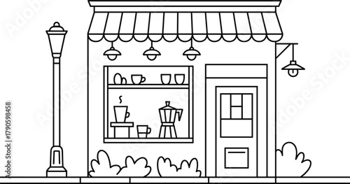 Coffee shop storefront line drawing with striped awning, hanging lights, window display, steaming mugs, moka pot, and street lamp