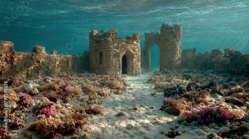 Fototapeta Naklejka Na Ścianę i Meble -  Sunken stone ruins with archway submerged underwater, surrounded by colorful coral reef and bathed in shimmering sunlight through the ocean.