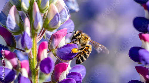 Fotografia Intricate macro of a busy bee collecting nectar from vibrant purple and pink lupine flowers, capturing nature's delicate pollination process in stunning detail