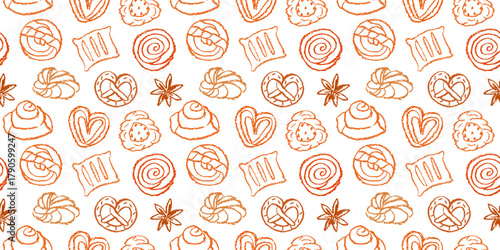 Pastry seamless pattern on white background. Cute doodle crayon buns and cakes. Horizontal bakery design background