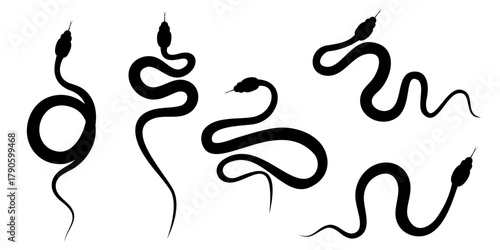 Set of snake silhouettes. Venomous snake, viper, cobra illustration isolated. Collection of design elements for logo, tattoo, stickers. Minimalist celestial snake icon set. Vector kit