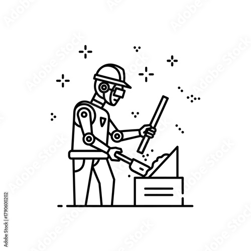 Line art robot wearing hard hat and safety glasses, actively shoveling material.