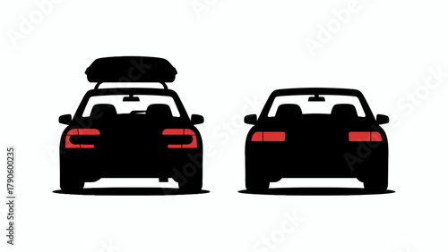 Two cars vector illustration one with roof box for travel and cargo transportation symbol of road trip adventure
