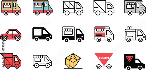 Food truck and delivery vehicle icon set with stylized designs, service windows, awnings, dessert cart, and utility van variety