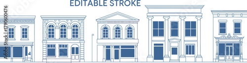Historic building facade illustration set with columns, arches, cornices, and storefronts in editable stroke black line style