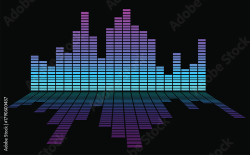 Colorful blue and purple equalizer bars glowing on black background create a vibrant digital soundwave design. Modern music spectrum illustration symbolizing rhythm, beat, and technology. Perfect abst