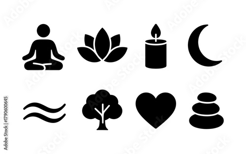 Minimalist zen icons featuring yoga, nature, and serenity symbols