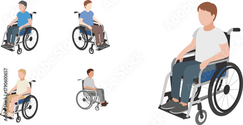 Inclusive wheelchair user illustration featuring diverse individuals, mobility aids, accessibility concept, disability representation, and community-centered vector design