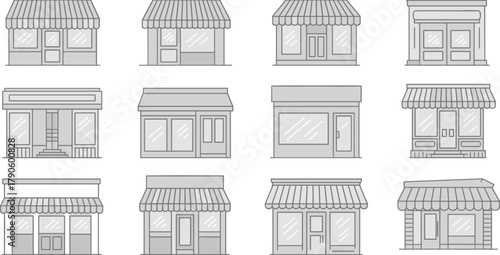 Monochrome storefront grid with diverse architecture, simplified retail facades, urban shop designs, and minimal commercial building illustration set