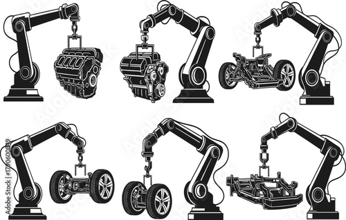 Industrial Robotic Arm Holding Car Parts Vector Set, Factory Automation and Manufacturing Illustration.