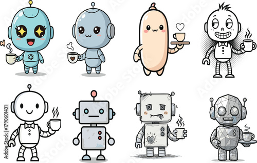Cute Robot Characters Drinking Coffee Vector Set, Technology and Morning Break Illustration.