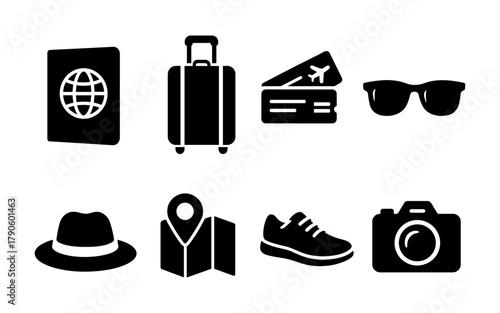 Travel essentials icons: silhouette style featuring passport, luggage, and sunglasses