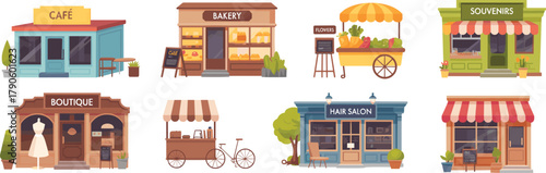 Storefront and market stall illustration set with café, bakery, flower cart, boutique, souvenir shop, salon, and coffee cart
