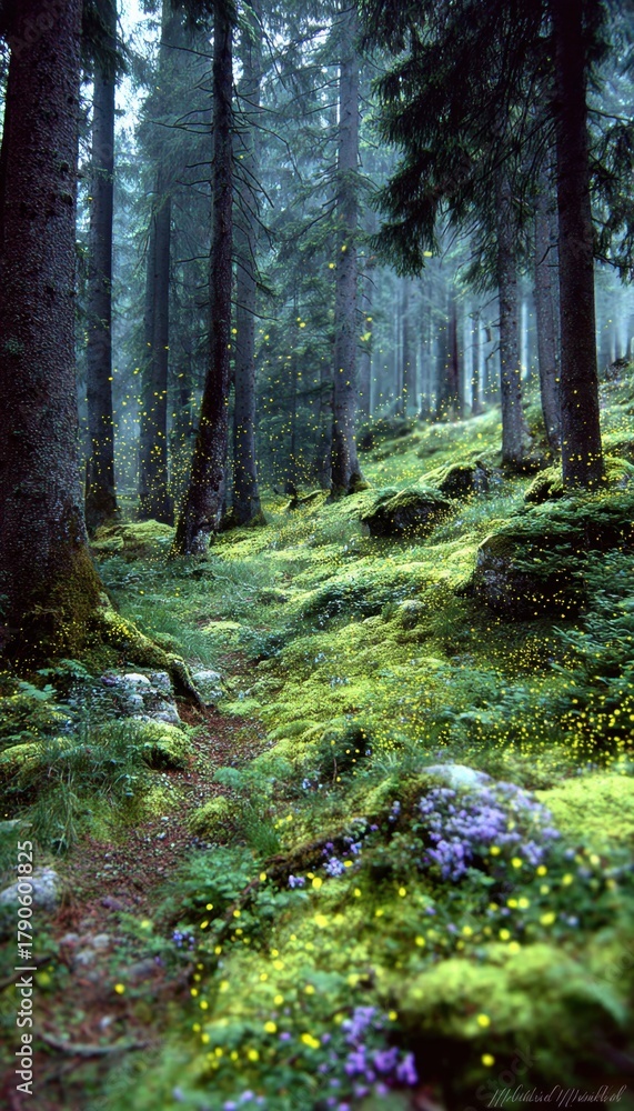 Fototapeta premium Lush forest floor, sparkling fireflies dance through towering trees, illuminating a magical path. Nature's glow creates an enchanted atmosphere.