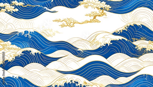 Elegant blue waves with golden accents flow across a white background, reminiscent of Japanese art style