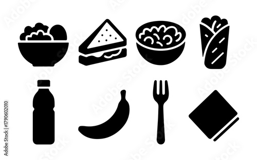 Silhouette icons of lunch items with bowls, sandwiches, burrito, and cutlery