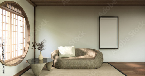 white Mini sofa armchair on interior design modern living room Japanese style.3D rendering