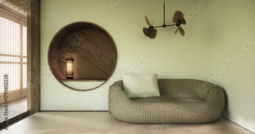 white Mini sofa armchair on interior design modern living room Japanese style.3D rendering