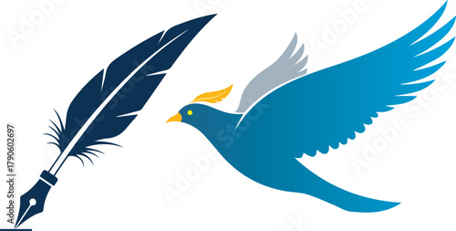 Illustration of feather quill and flying bird