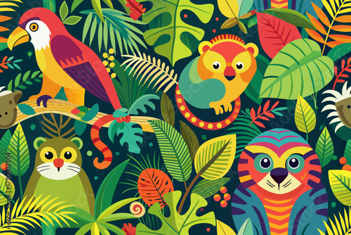 Colorful Jungle Animals and Tropical Leaves in a Flat Design Style Keywords: jungle, rainforest, animals, wildlife, parrot, monkey, tiger, cat