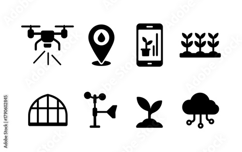 Smart farming technology icons: drones, sensors, and iot for modern agriculture