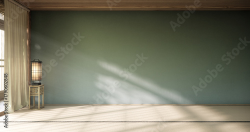 Tatami mat floor on Empty blue room Japanese tropical style. 3D rendering