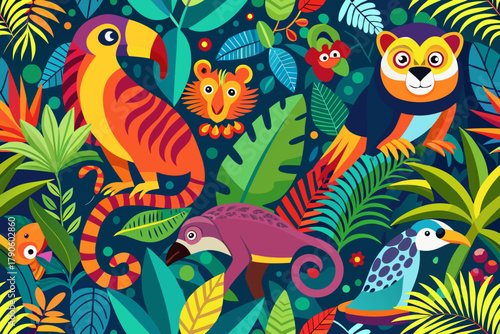 Exotic Jungle Animals and Lush Tropical Plants in a Bold Pattern Keywords: jungle, rainforest, animals, wildlife, toucan, monkey, chameleon, bird