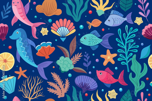 Vibrant Underwater World with Mermaids Fish and Sea Creatures vector illustration