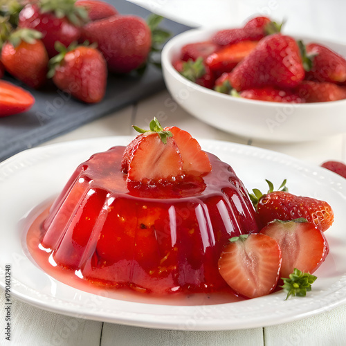 A delicious strawberry gelatin dessert on a white plate with fresh strawberries around it viewed close