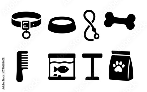 Essential pet care icons featuring silhouettes of collars, bowls, and grooming accessories