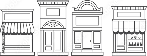 Stylized storefront illustration set with striped awnings, decorative arches, display windows, steps, signage, and retail facade variety
