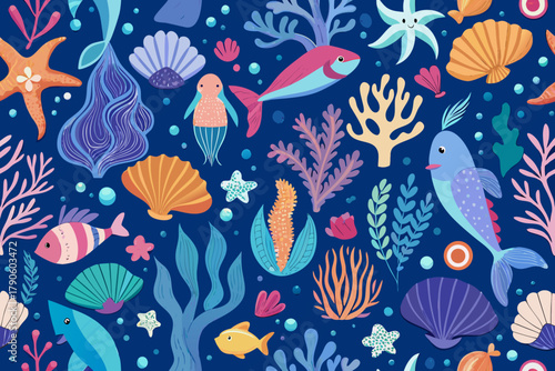 Whimsical Underwater Scene With Colorful Fish Coral And Starfish ocean marine life