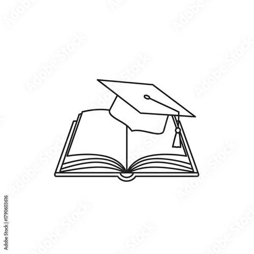 Minimalist line art icon of a graduation cap with a tassel resting on an open book.