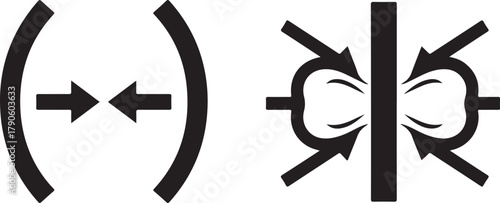 Black abstract symbols with arrows indicating convergence vector