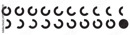 Percentage number icon set vector illustration featuring segmented blue radial pie charts displaying progress from 0% to 100%, perfect for data visualization, infographics, and loading indicators.