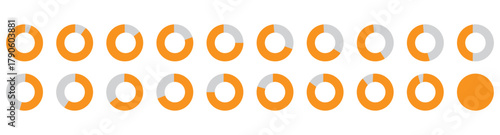 Percentage number icon set vector illustration featuring segmented blue radial pie charts displaying progress from 0% to 100%, perfect for data visualization, infographics, and loading indicators.