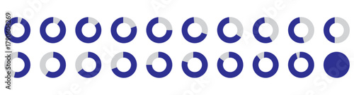 Percentage number icon set vector illustration featuring segmented blue radial pie charts displaying progress from 0% to 100%, perfect for data visualization, infographics, and loading indicators.