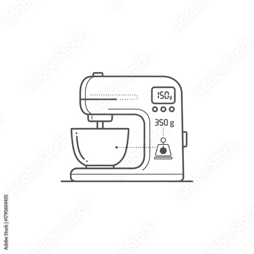 Modern kitchen stand mixer line art illustration with digital display and mixing bowl.