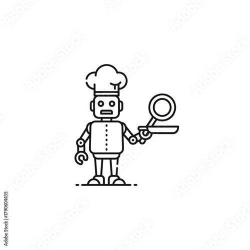 Modern Line Art Robot Chef Wearing Toque Holding Serving Tray and Pan.