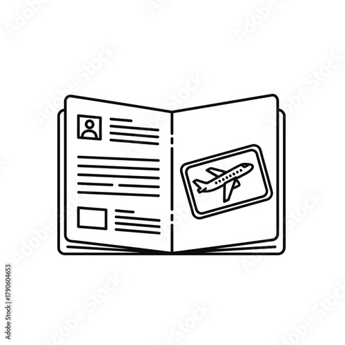 Open Passport Illustration with Airplane Stamp, Black and White Outline, Travel Document.