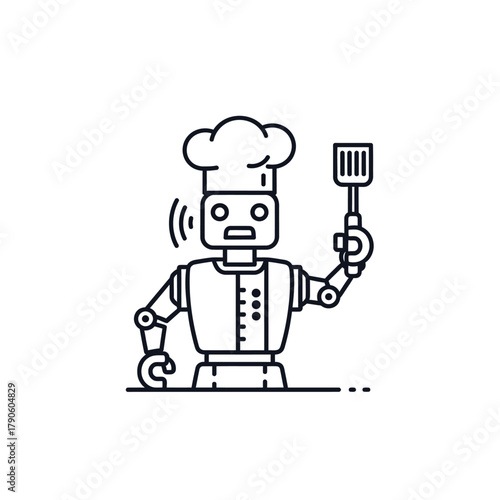 Outline Illustration of a Chef Robot Holding Spatula, Wearing Chef Hat.