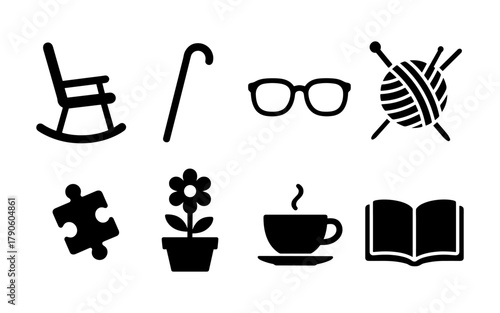 Senior lifestyle symbols: rocking chair, cane, glasses, yarn, puzzle, plant, coffee, book