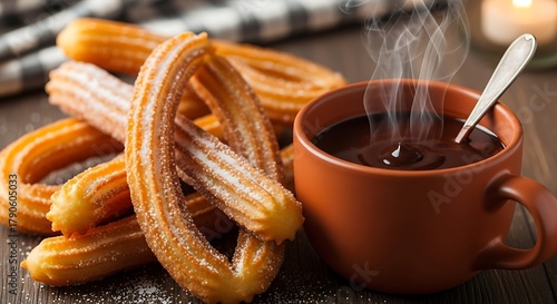 Golden brown churros dusted with sugar next to a steaming mug of dark hot chocolate on a wooden table
