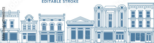 Vintage commercial building vector set with editable stroke, arched windows, columns, cornices, pediments, and historic architecture